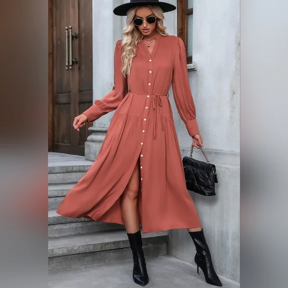 NWT - Button Down Notched Neck Red Orange Midi Dress - Size L - Picture 6 of 8